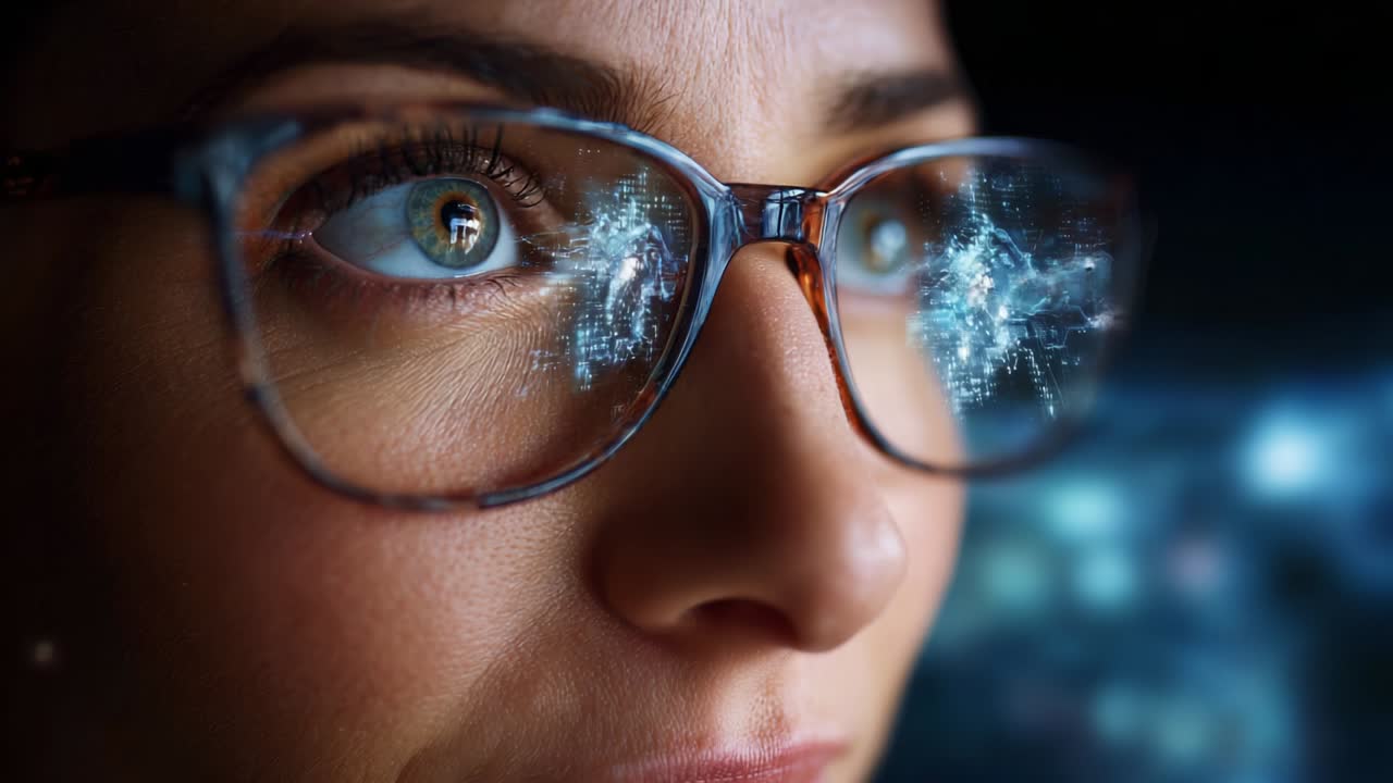 Nærbillede af en koncentreret person med briller, der viser fængslende visuelle elementer, som reflekteres i glassene, hvilket fremhæver en dyb forbindelse til teknologi og medrivende oplevelser