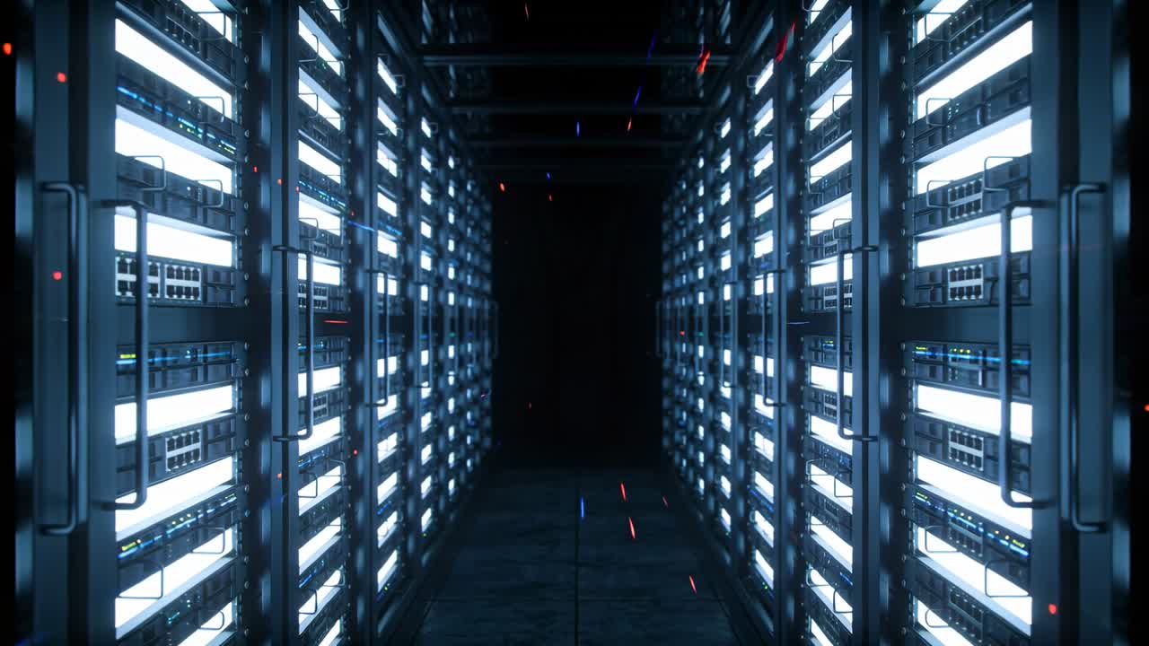 Vertikal video: Svævende støv udløst af rack-ventilation driver ned ad en oplyst serverrack-gang.