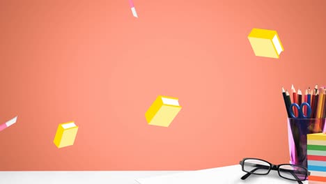 animación de libros y artículos de oficina sobre superficie de madera sobre fondo naranja