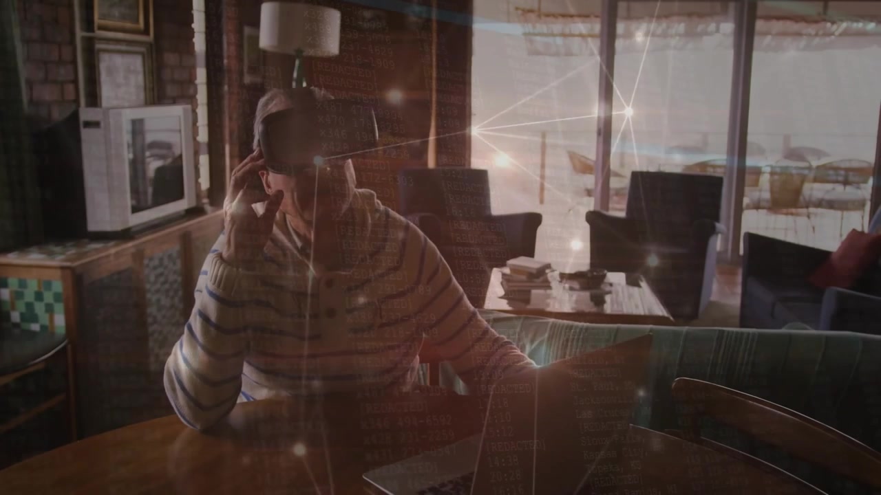Senior man adjusting headset strap for immersive VR exploration with network lines overlay