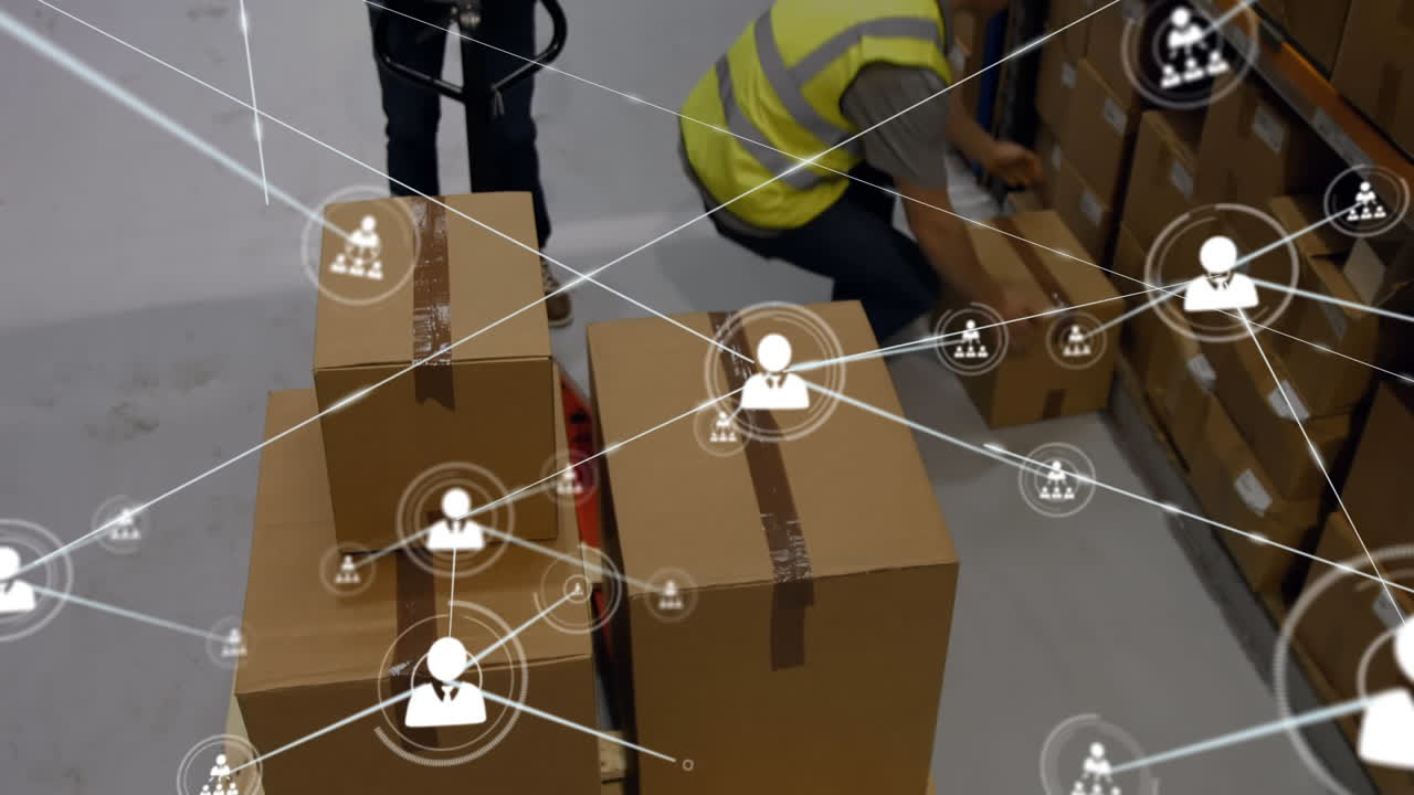 animación de conexiones de red con iconos de personas y trabajadores en segundo plano