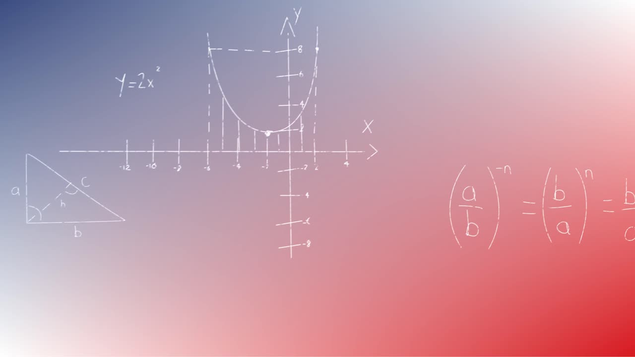 Animation of handwritten mathematical formulae over blue to red background