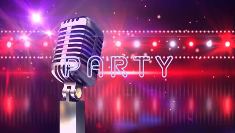 animation of part text and retro microphone over glowing spots of light