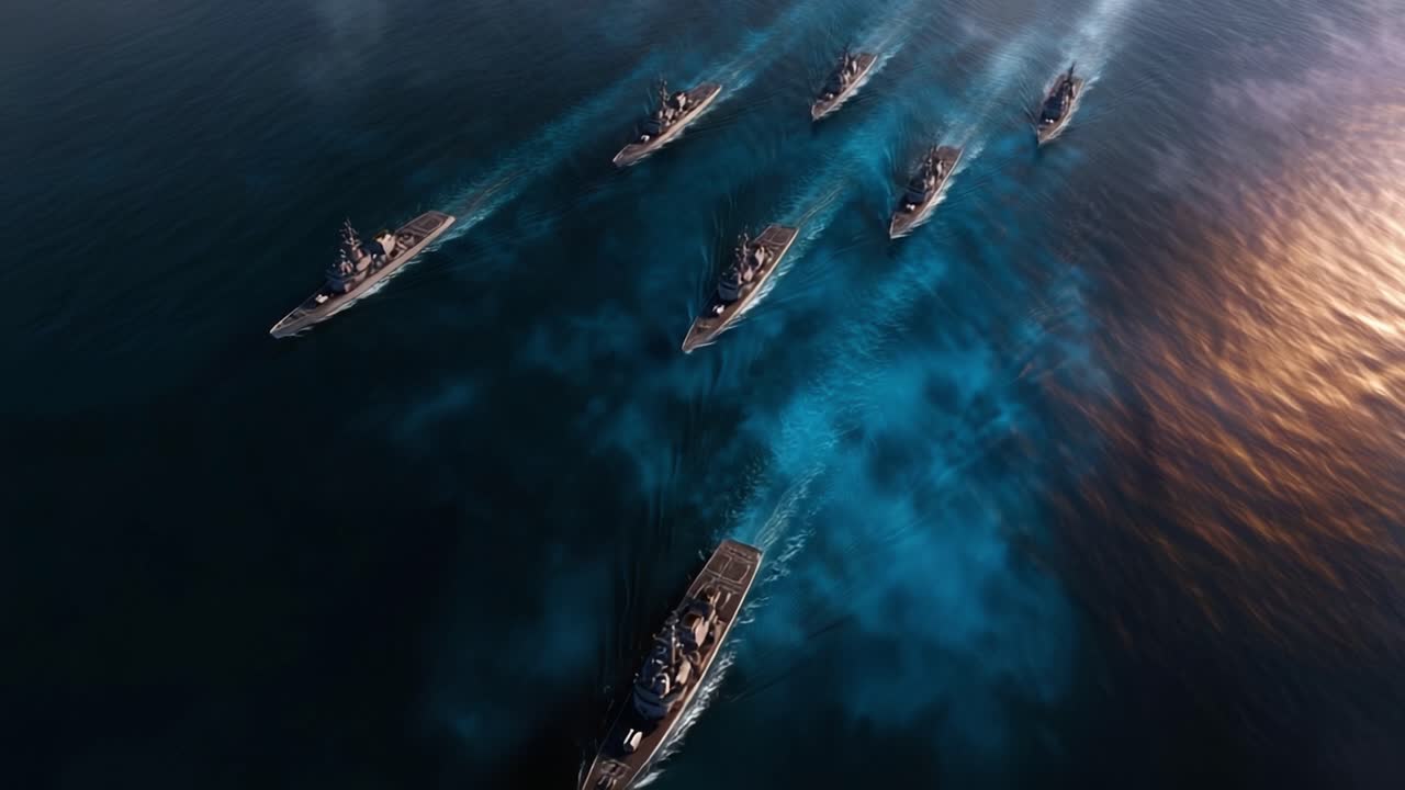 Naval fleet sails in formation across deep blue ocean waters. Sunlight glints off the water's surface, casting golden reflections. Ships move steadily, leaving white wakes behind them