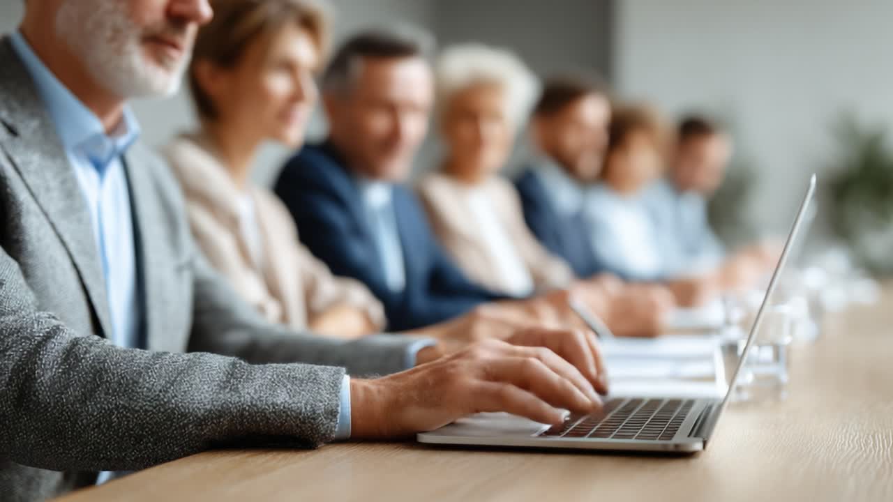 Una scena di una riunione aziendale che mostra professionisti impegnati in discussioni e lavoro collaborativo utilizzando tecnologie moderne su portatili e notebook