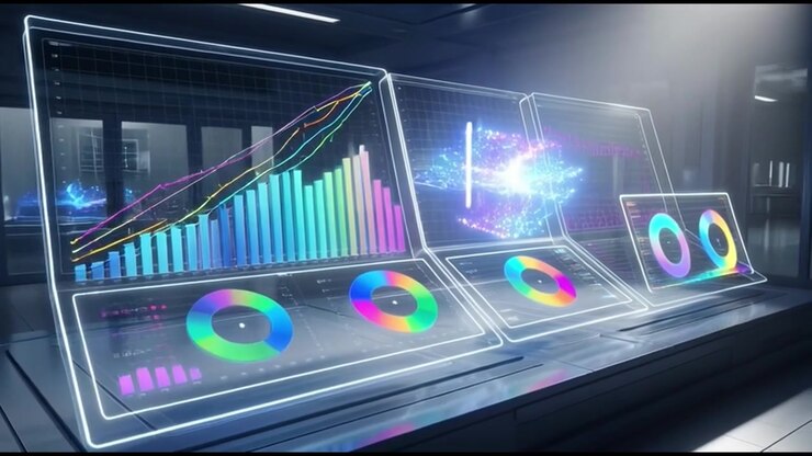 Futuristic Digital Data Dashboard Displaying Colorful Analytics in Modern Laboratory
