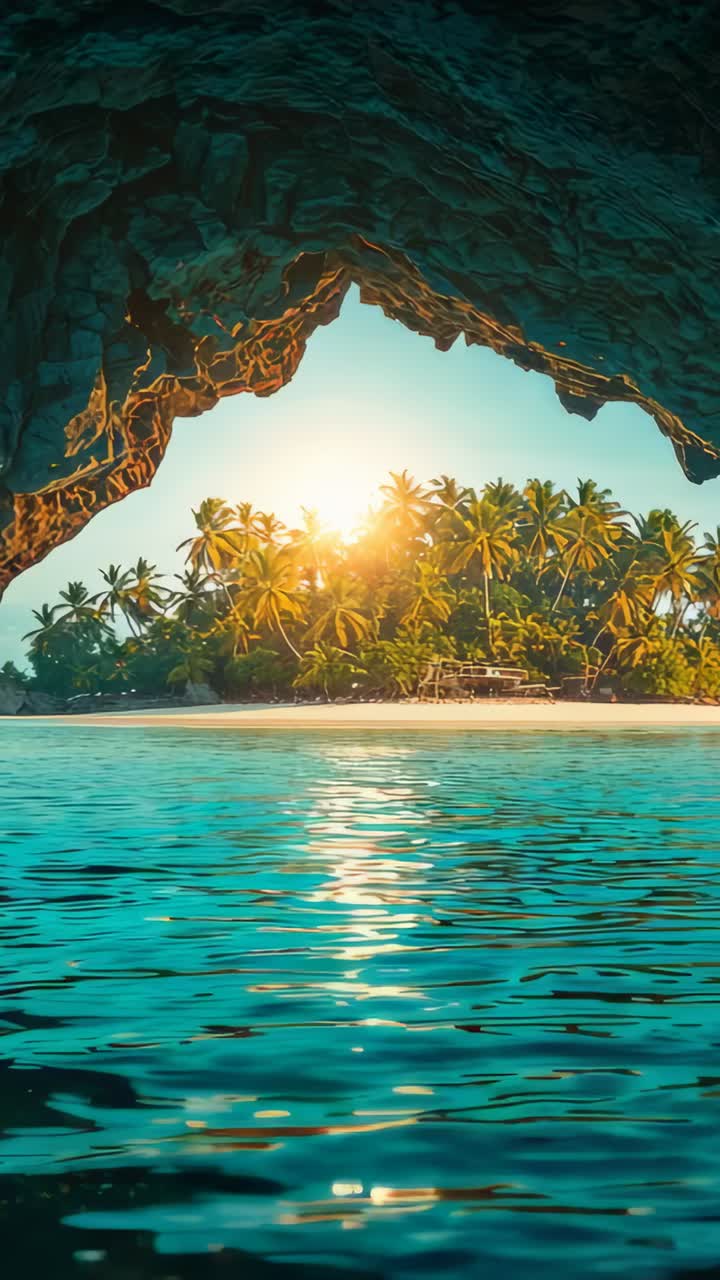 Vertical video: Sunrise urging camera moving out of rocky cave, showing turquoise sea, palms, jetty