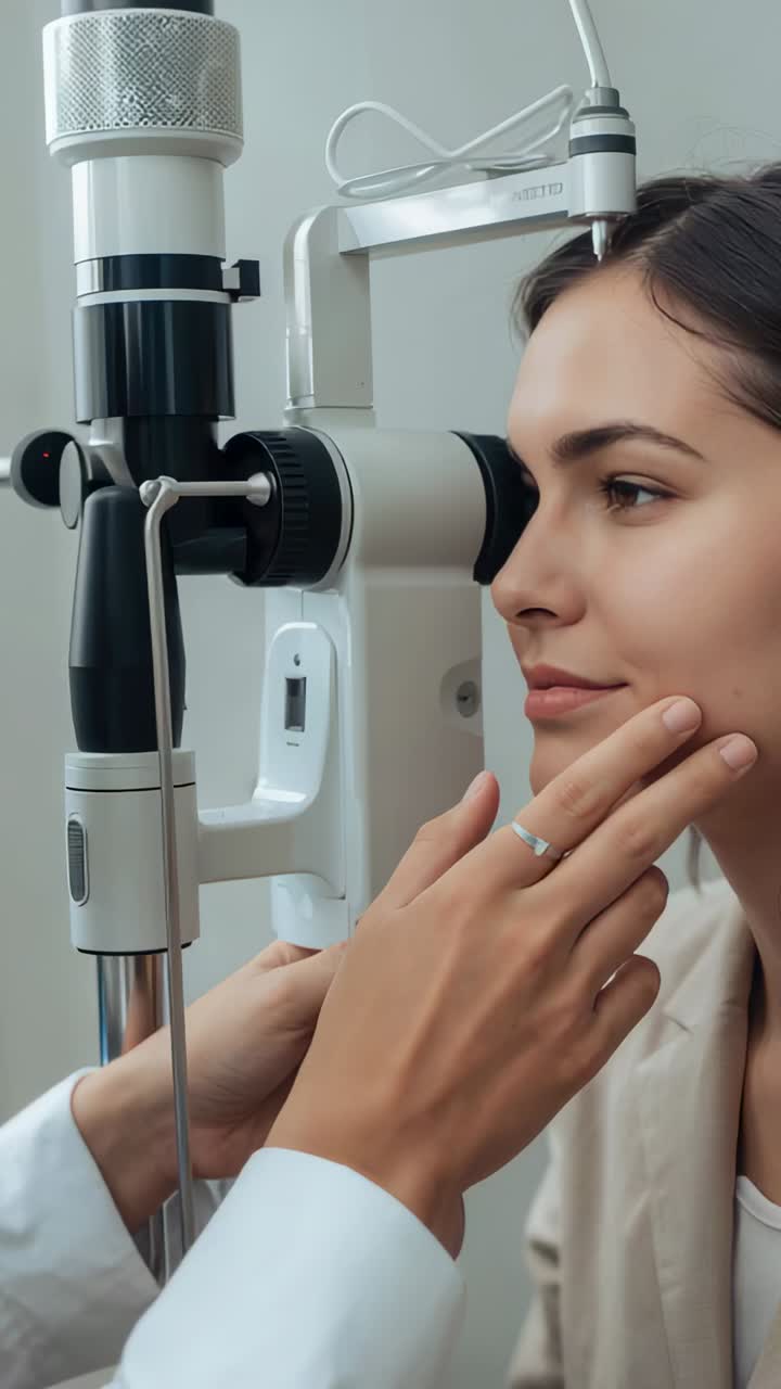 Vertical video: Reaching clinician in coat placing patient at eye clinic aligning slitlamp for exam