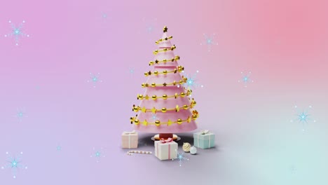 Animation-of-snowflakes-and-christmas-tree-with-decorations-on-pastel-background