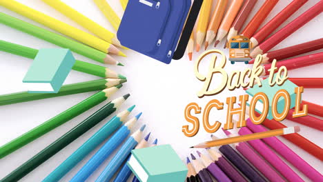 animación del texto de regreso a la escuela sobre los iconos de los artículos escolares