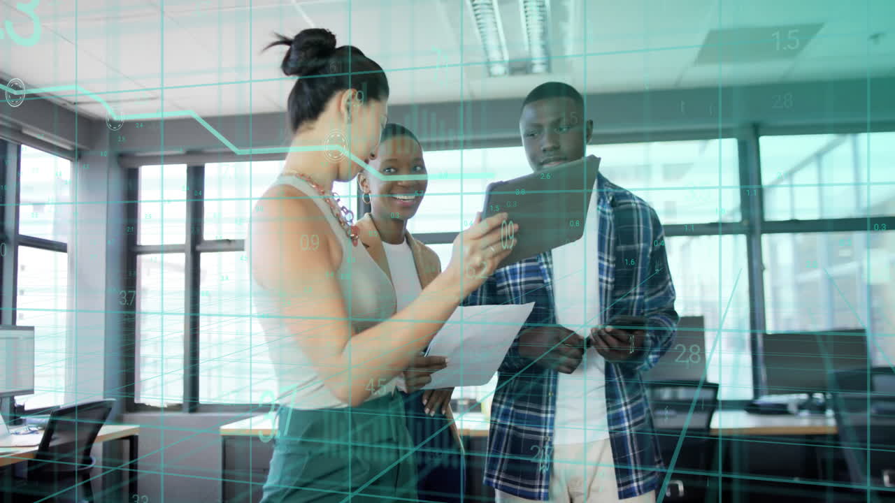Animation of financial data processing over diverse businesspeople with tablet in office