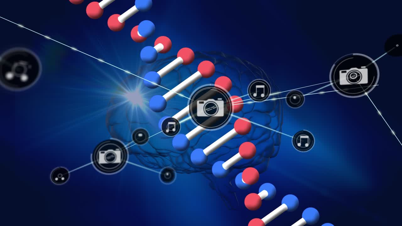 Animazione di rete di connessioni con icone su filamento di DNA in rotazione