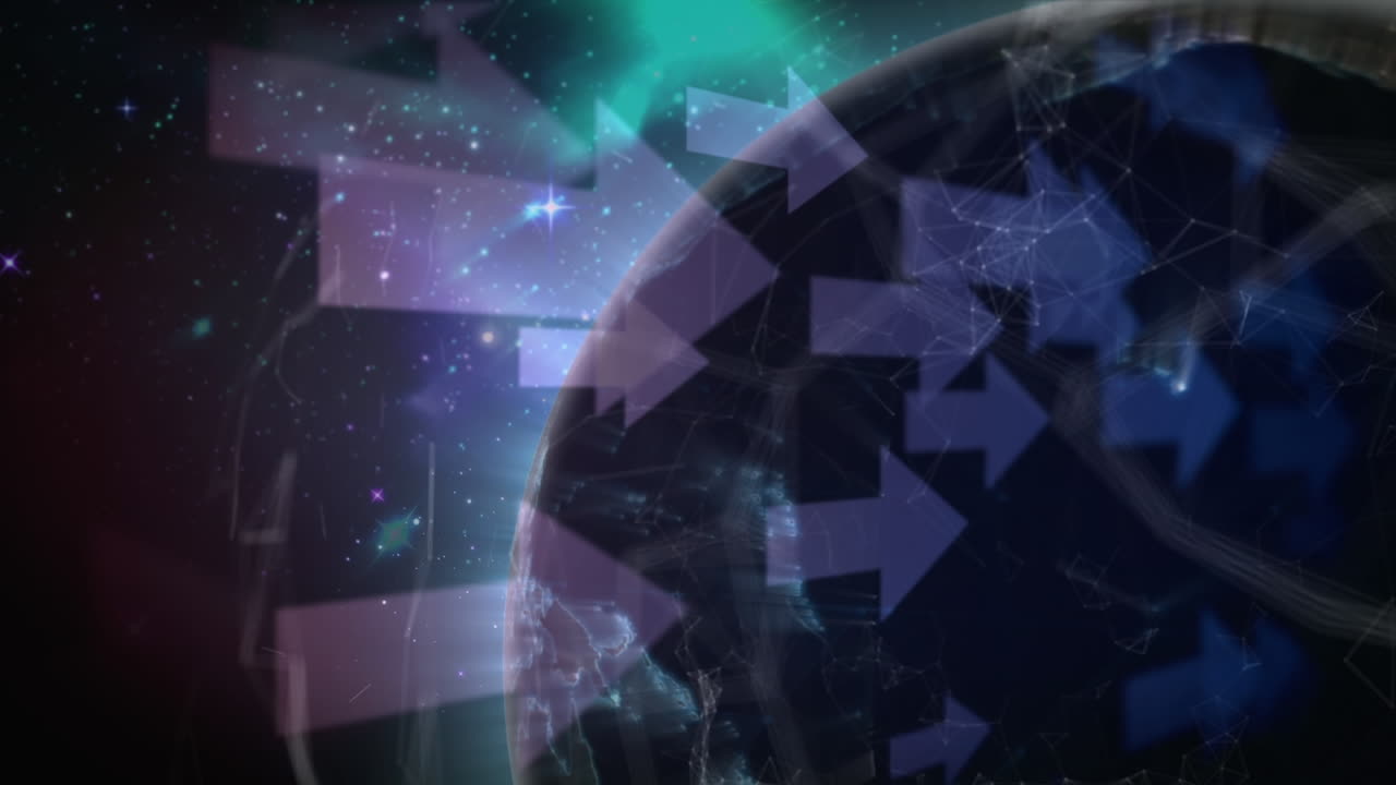 검은 공간에서 회전하는 화살표, 불빛 및 지구의 애니메이션