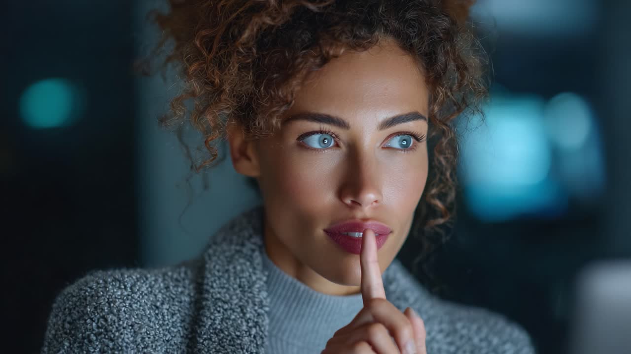 A Thoughtful Woman in a Modern, Dimly Lit Environment, Pondering in Silence with a Finger to Her Lips, Capturing a Moment of Reflection and Introspection