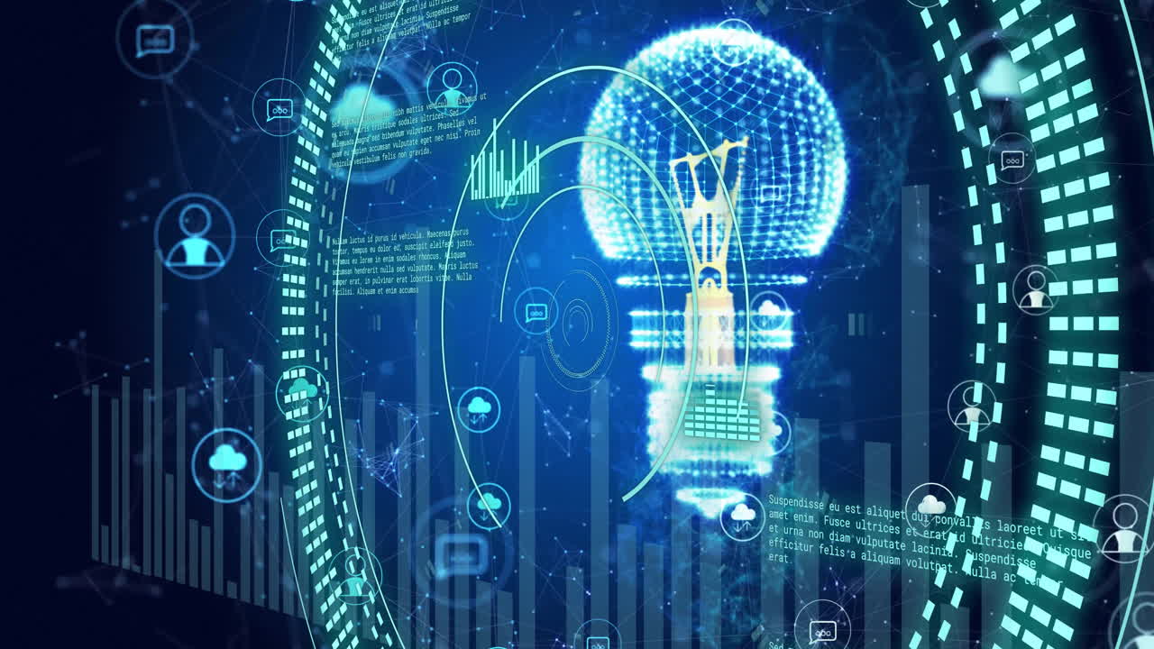 Animation of circular scanner and data processing, light bulb and networks on dark background