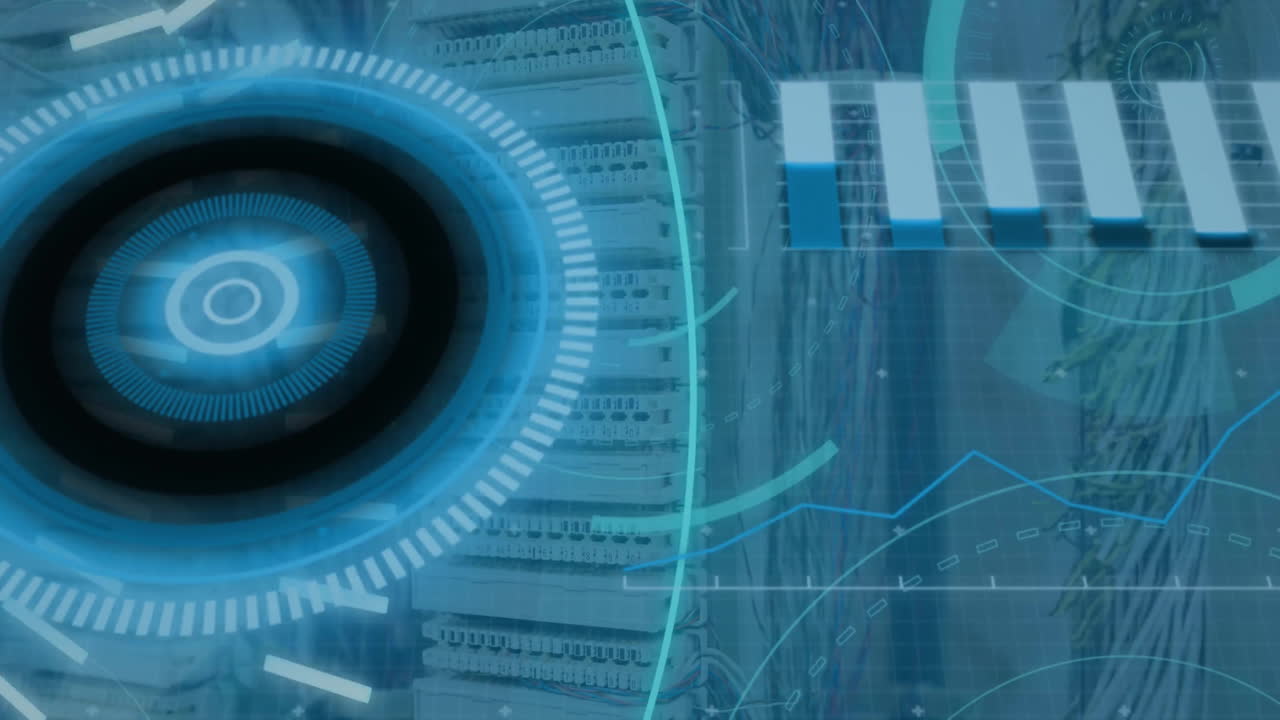 animación del escaneo del alcance y el procesamiento de datos sobre la sala del servidor