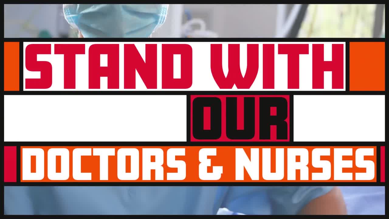 animación del texto en pancartas coloridas sobre una doctora caucásica que lleva una máscara facial