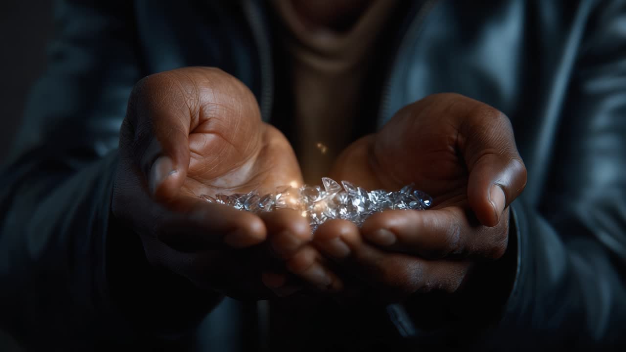A captivating display of sparkling crystals held delicately in two hands, showcasing the beauty and brilliance of the gems in a dramatic lighting setup