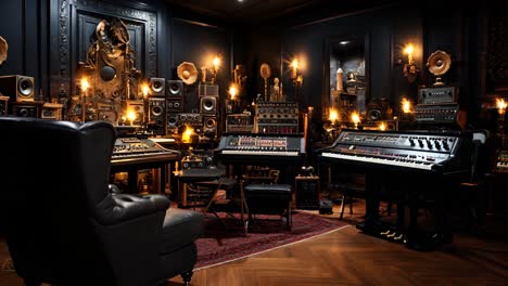 vintage music studio filled with analog equipment and warm lighting