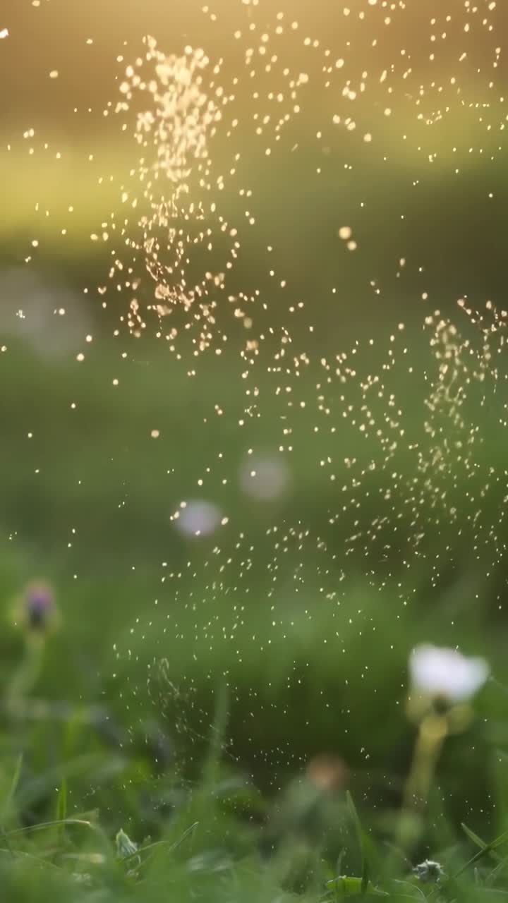 Video verticale: luce del sole catturata, polline che si diffonde e fluttua nell'erba tra i fiori nella brezza