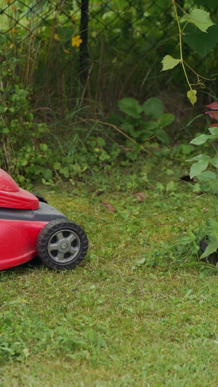 Mowing grass in the garden. Barefoot young girl mowing grass with a lawn mower in garden. Vertical video