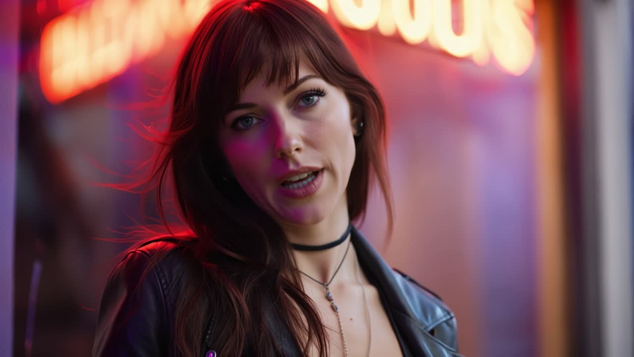 Giovane donna in posa sotto luci al neon di notte.