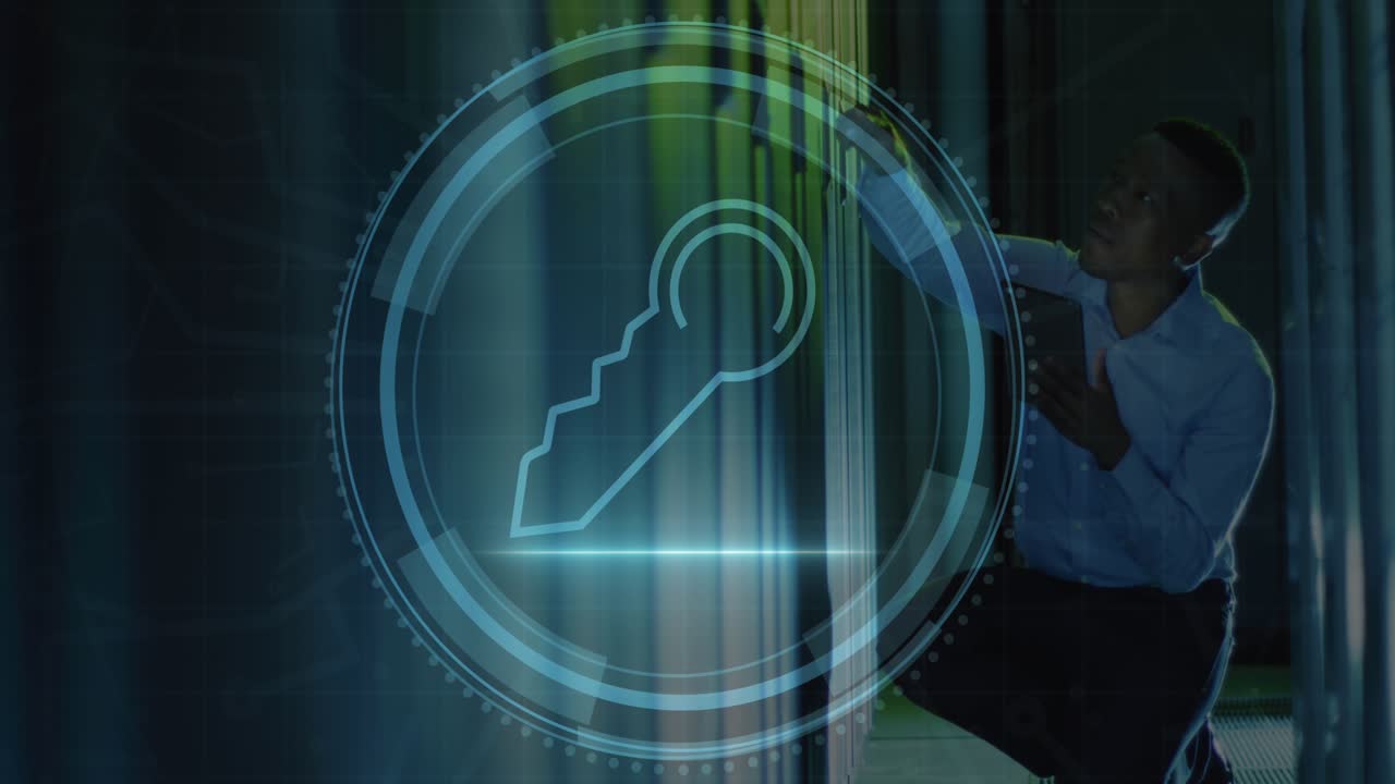 Animation of security key icon over african american male engineer using tablet at server room