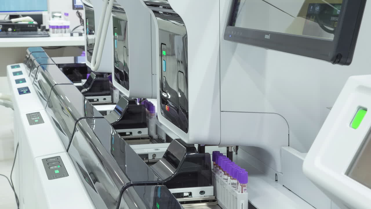 액체 의료 플의 시험 튜브를 검사하는 실험실 기술 - 타임 스