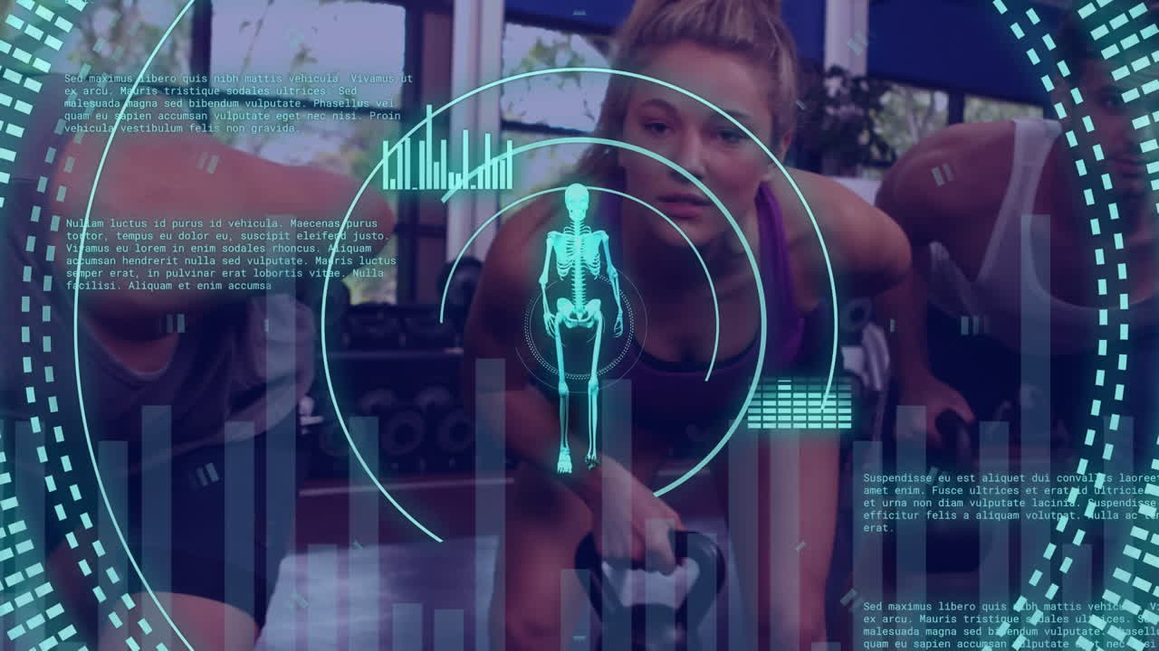 animación de escaneo de alcance y procesamiento de datos sobre personas caucásicas haciendo ejercicio.