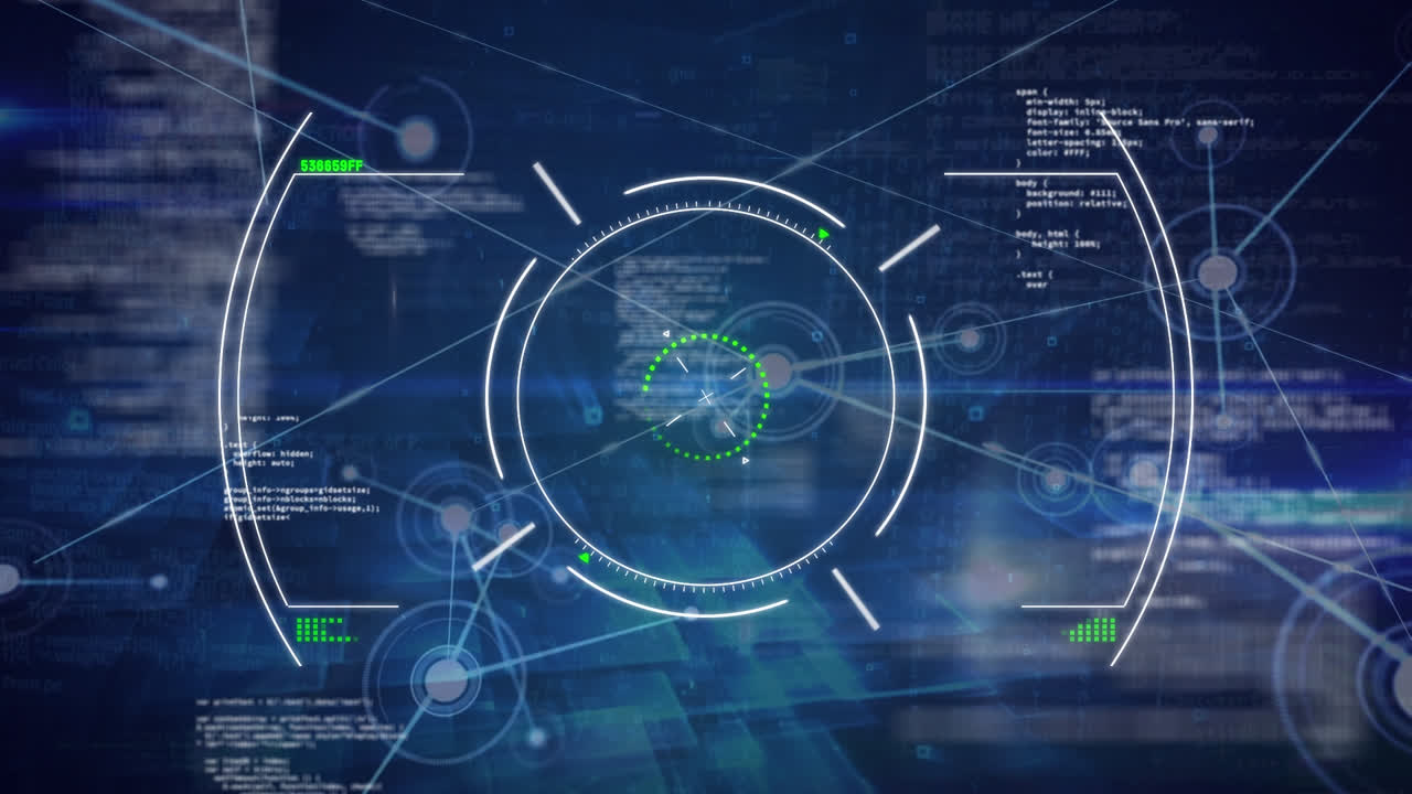 Animation of network of connections with icons over scope scanning and data processing
