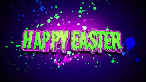 feliz texto de dibujos animados de pascua con salpicaduras de tinta sobre textura azul