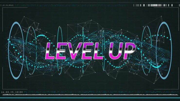 Animation of level up text over spinning green network of connections