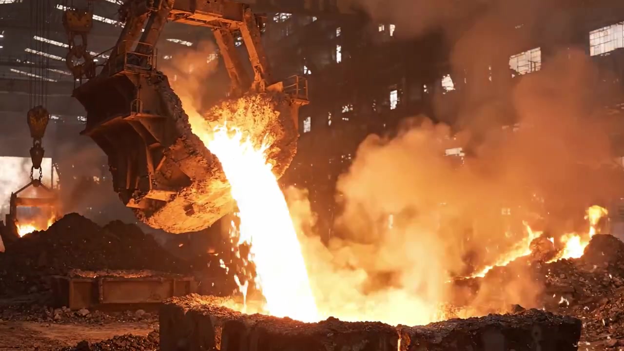 Metallo fuso versato da una siviera industriale in un'acciaieria, che mostra il calore intenso e i processi dinamici coinvolti nella produzione di metalli