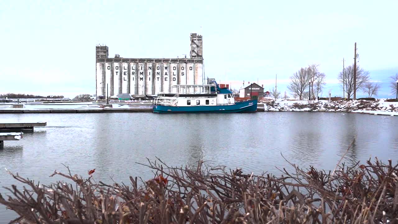 View of old industrial building on the lakeshore of Georgian Bay in Collingwood