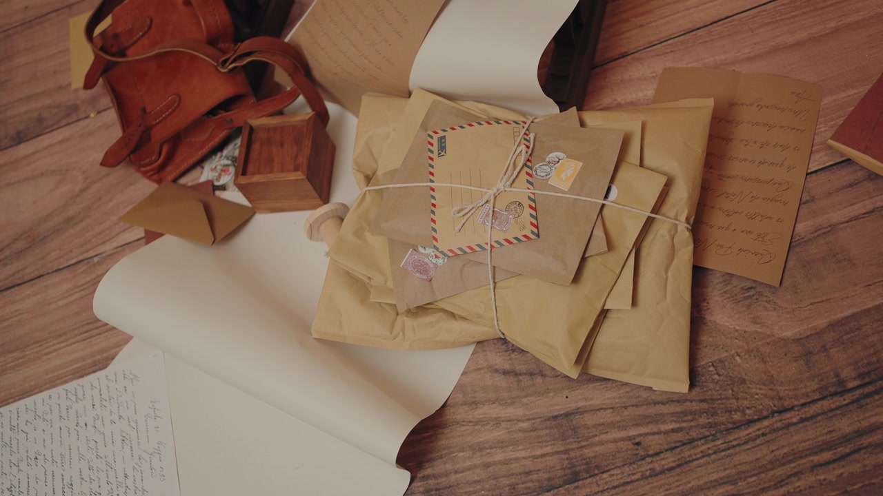 Rustic Christmas letters and parcels on wooden surface, nostalgic holiday scene