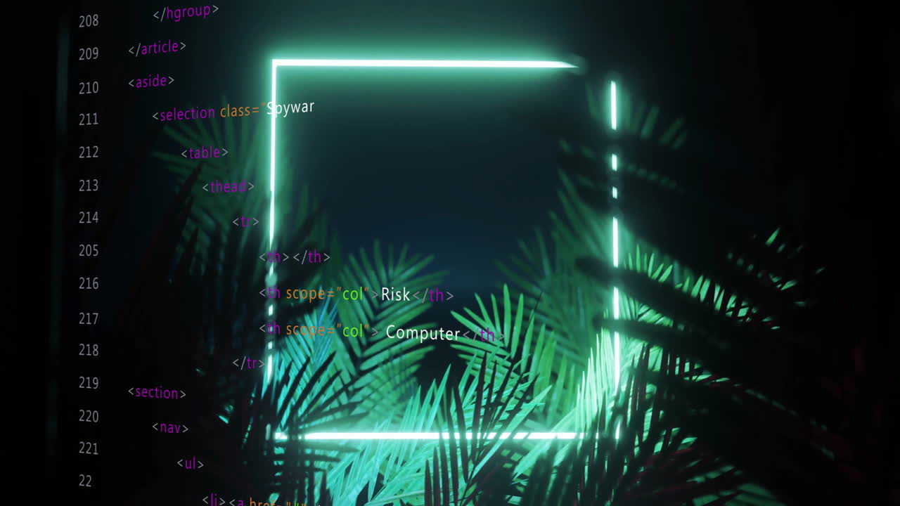 Neon square frame and coding animation over tropical plants background