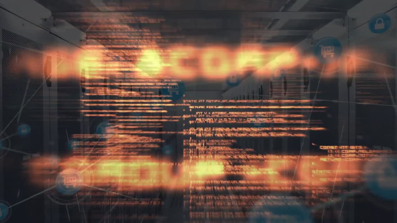 Animation de traitement de données sur des connexions avec des icônes au-dessus de serveurs