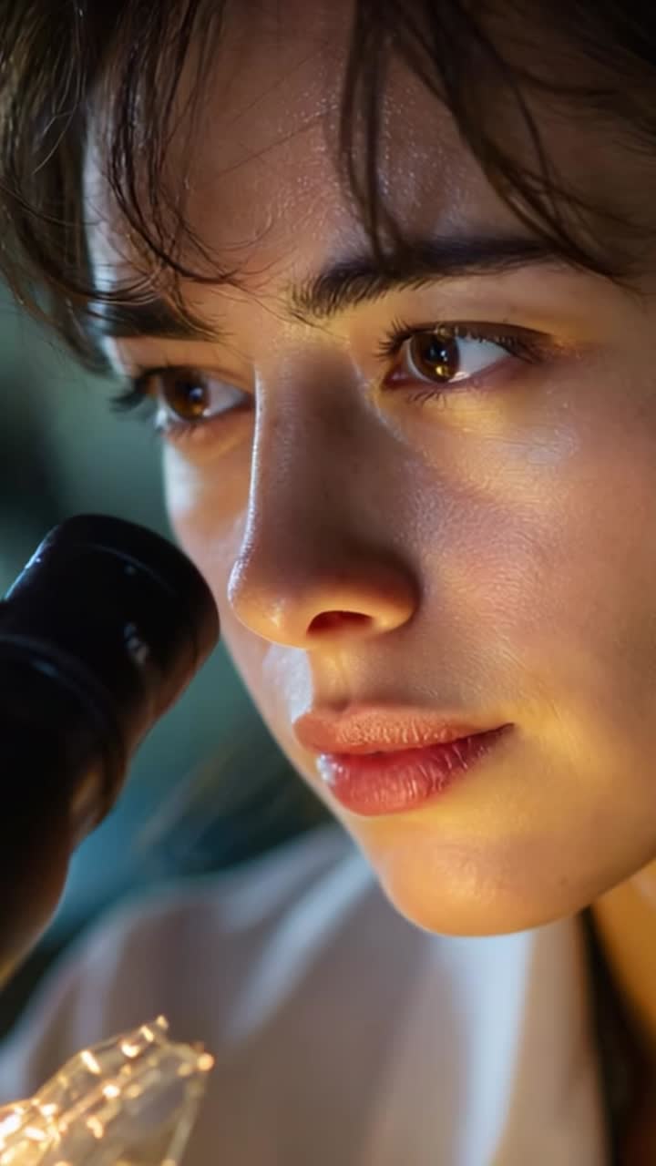 Focused concentration of a young woman observing through a microscope, capturing her intense expression and the intricacies of scientific exploration and discovery