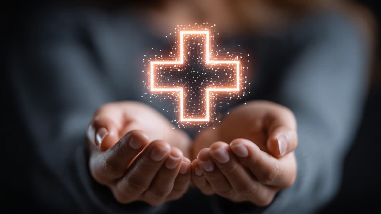 A Bright Glowing Cross Symbol Encircled by Sparkles Held in Open Hands, Representing Health, Wellness, and Compassion in a Softly Lit Setting