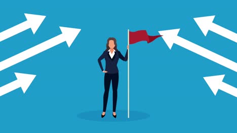 elegant businesswoman with success flag and arrows up animation