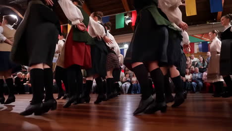 folk dancers in traditional attire performing on a wooden floor