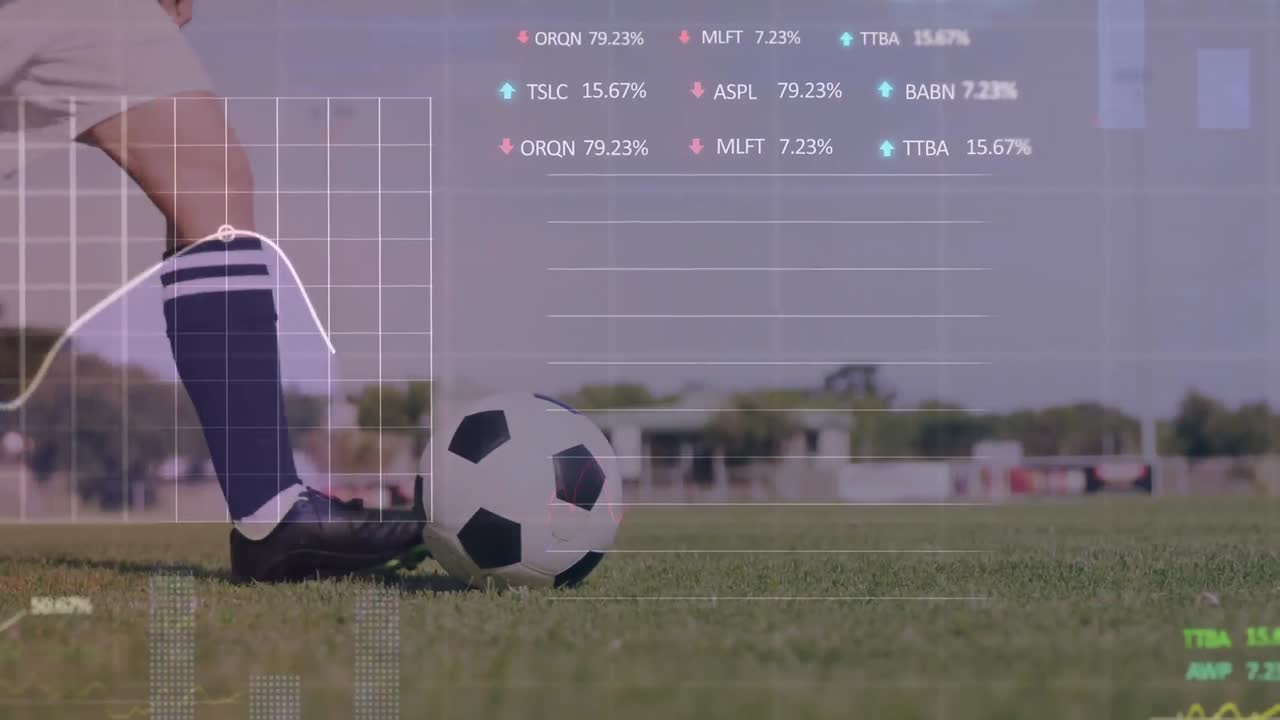 Animation of graphs and trading board over low section of caucasian player kicking soccer ball