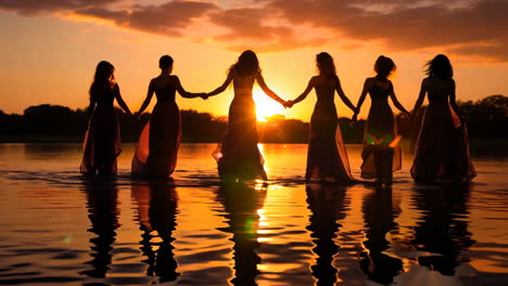 a group of women are holding hands in the water. the sun is setting in the background