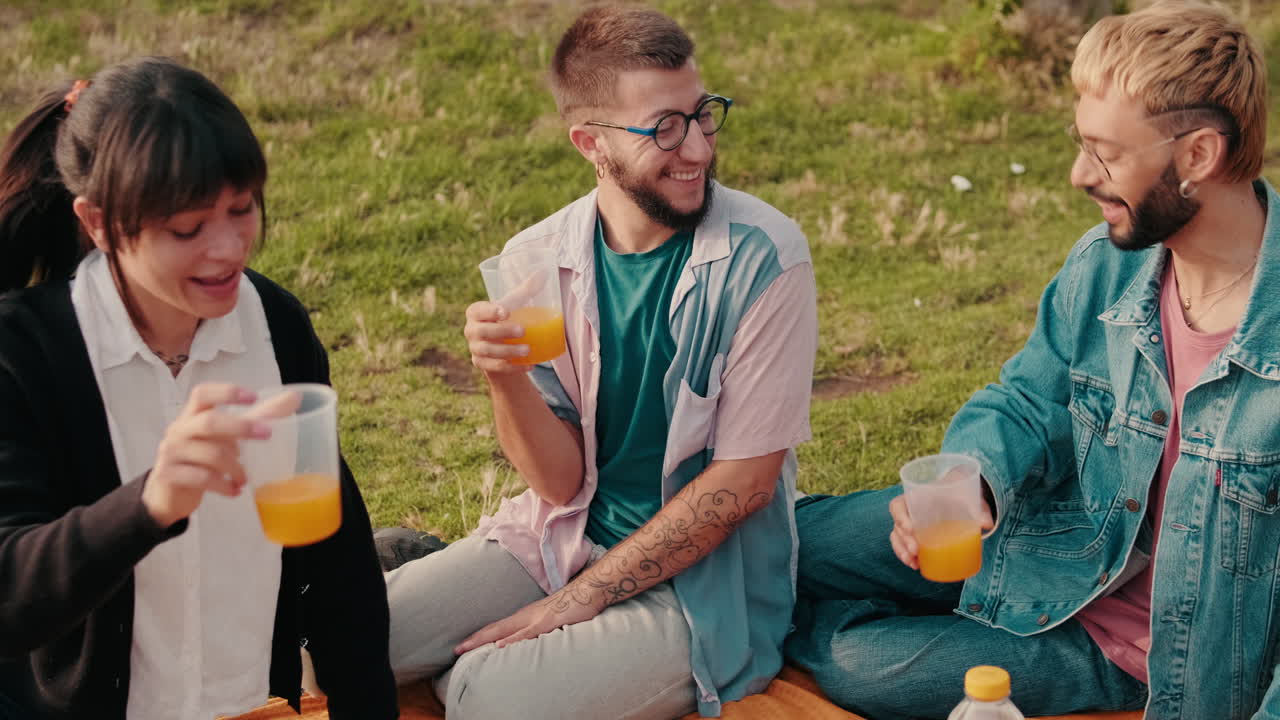 Friends Enjoying a Picnic and Drinks Outdoors