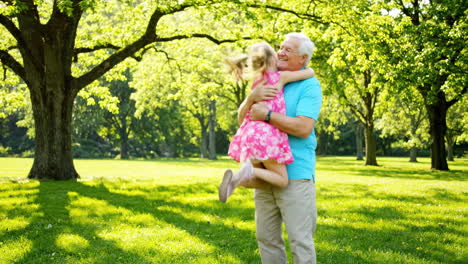 grandfather and granddaughter share a joyful hug in a sunny park