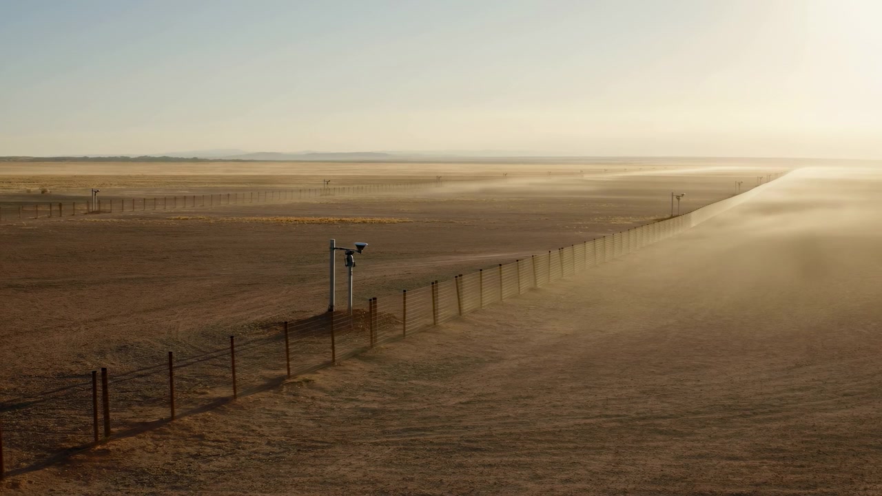 Uitgestrekt dor woestijnlandschap met een lang hek dat de voorgrond kruist en in de verte verdwijnt. Verschillende bewakingsposten staan langs de grens als
