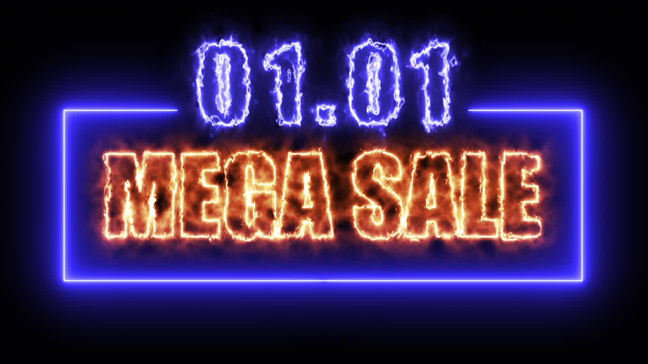 01.01 Mega saldi, banner con insegna al neon colorata su sfondo nero per video promozionale. Concetto di promozione del brand e dei saldi