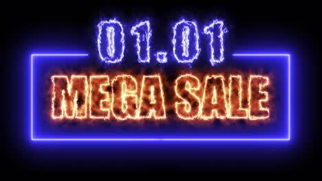 01.01 mega venta colorido cartel de neón con fondo negro para promocionar el video. concepto de promoción de la venta de la marca