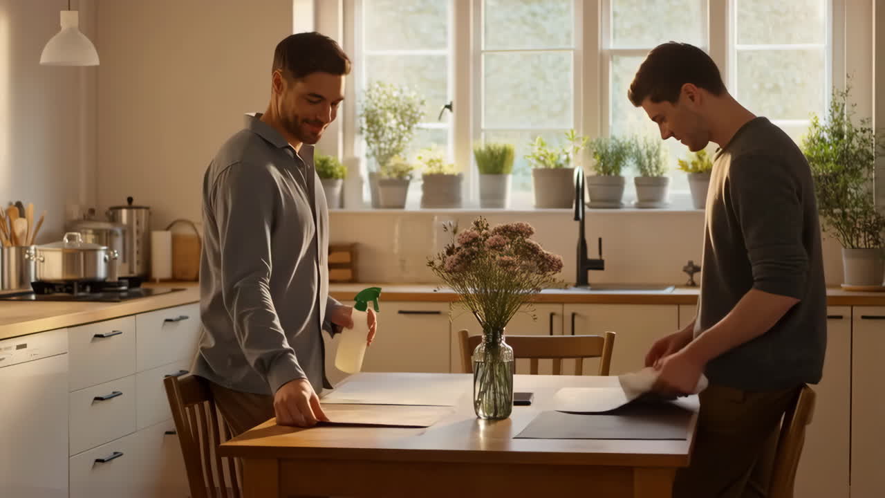 Two Men Cleaning a Kitchen Table Together
