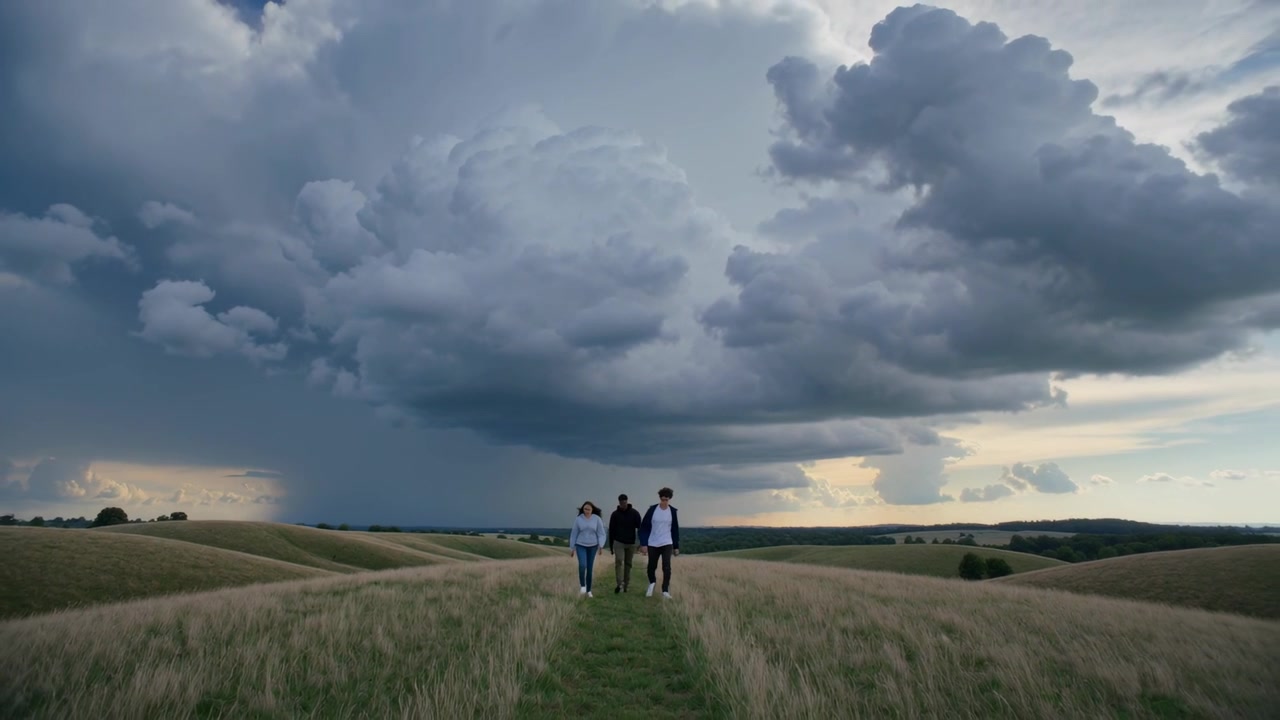 Walking trio in jeans jackets along green path, tall grass and looming storm urging faster pace